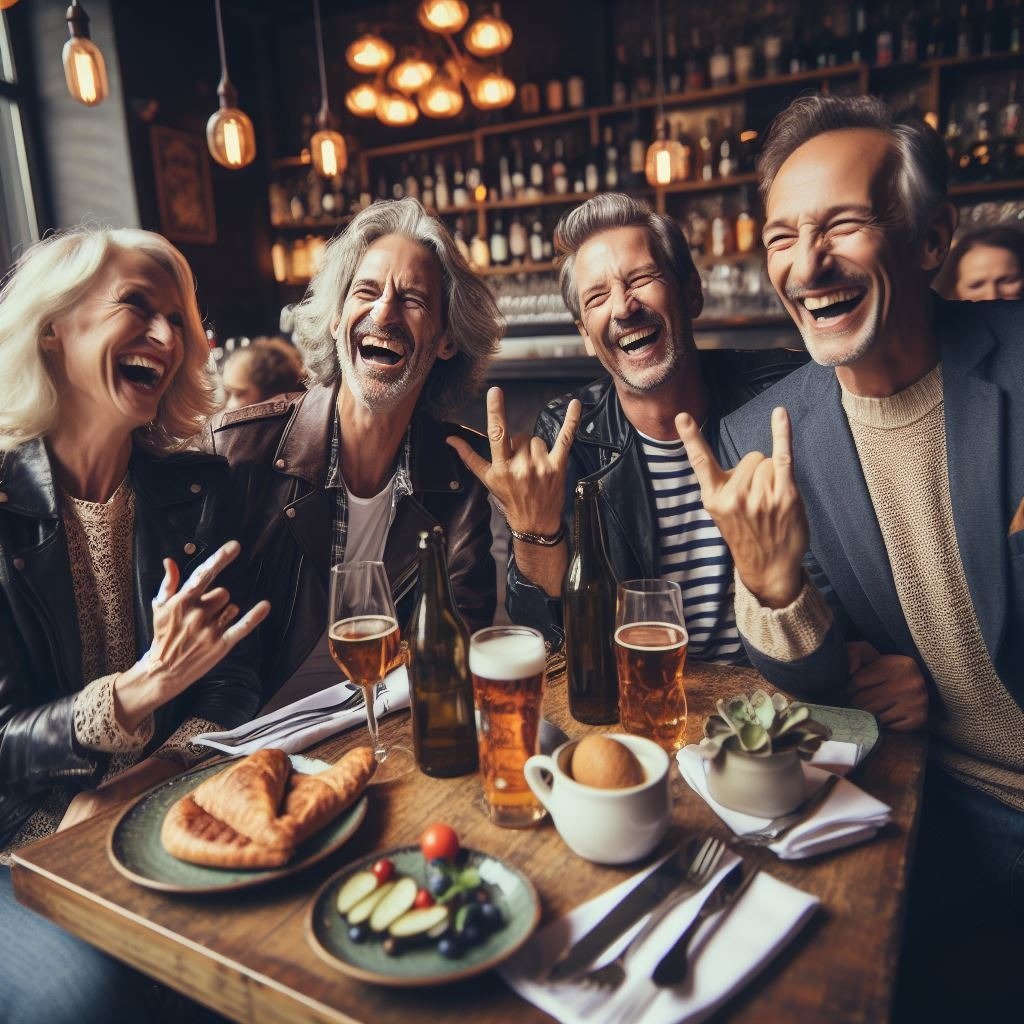 a group of people sitting at a table with food