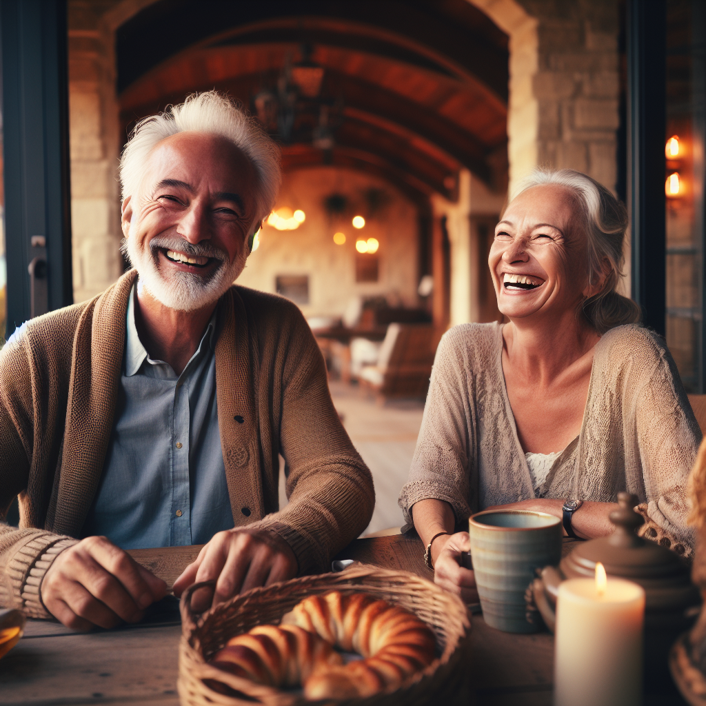 a man and woman sitting at a table with a basket of bread